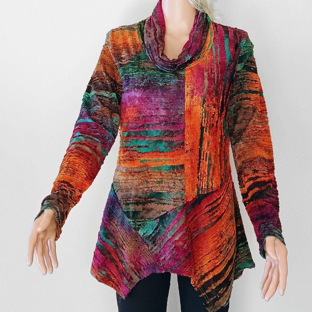 Semi-Sheer Asymmetrical Multicolor Tunic by FERATELLI, Size S, New without Tag